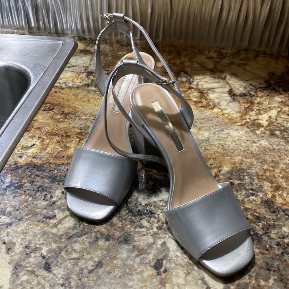 Aubrey Brooks silver patent leather strap sandals